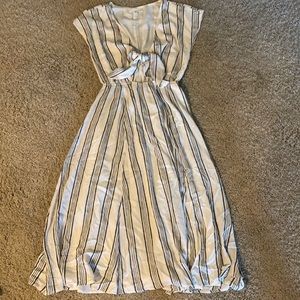 Black and white striped midi dress with tie and cut out detail